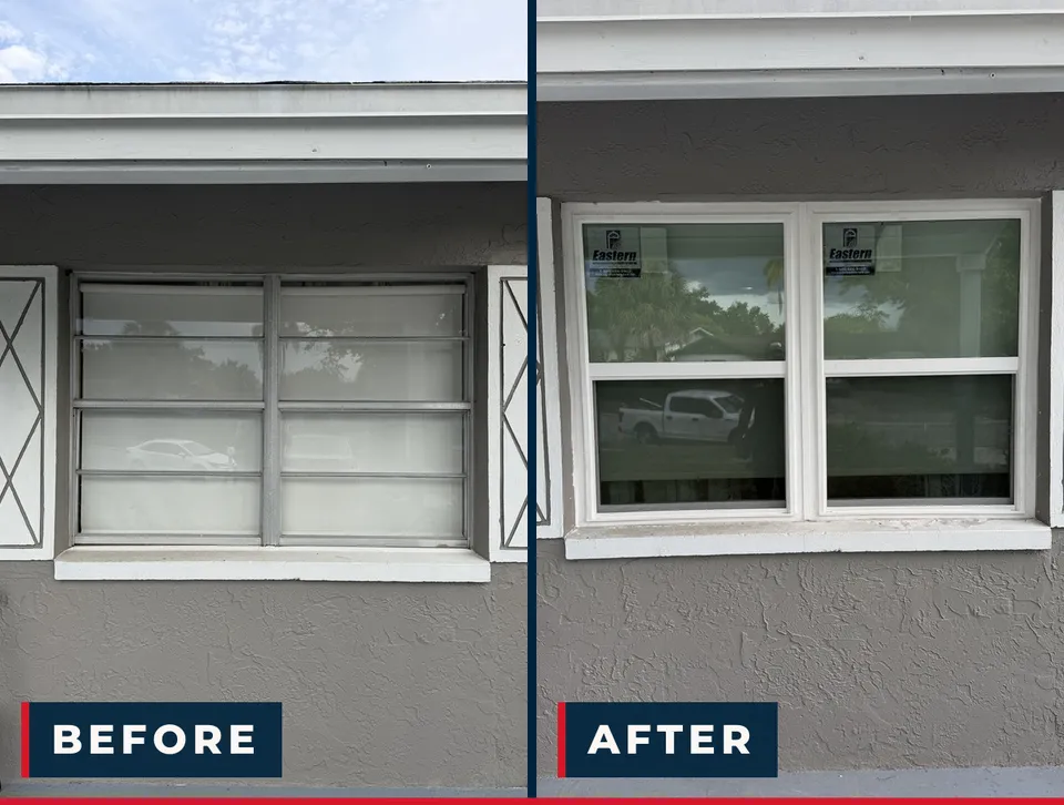 Before and after: original aluminum window with shutter hardware replaced by a new impact window on a Tampa home